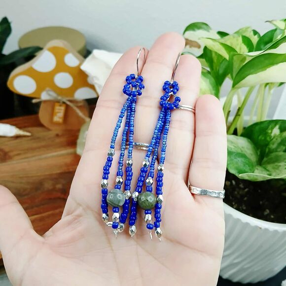 Boho Labradorite Beaded Fringe Tassel Dangle Earrings, Handmade Artisan 4" - Picture 4 of 6